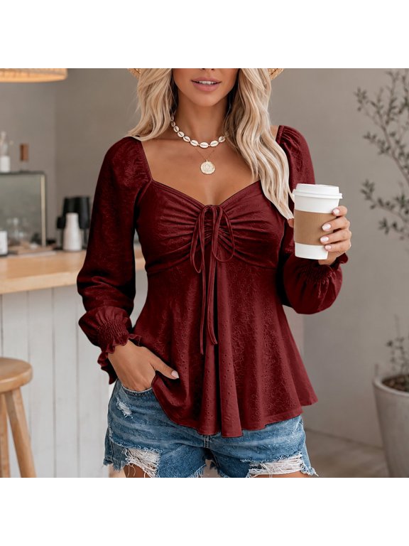 Personality Women's Tops,Square Neckline,Drawstring Tie Front Bust,Long Puff Sleeve with Smocked Ruffled Cuffs,Eyelet Fabric,Peplum Hem,Fitted Waist,Solid Color