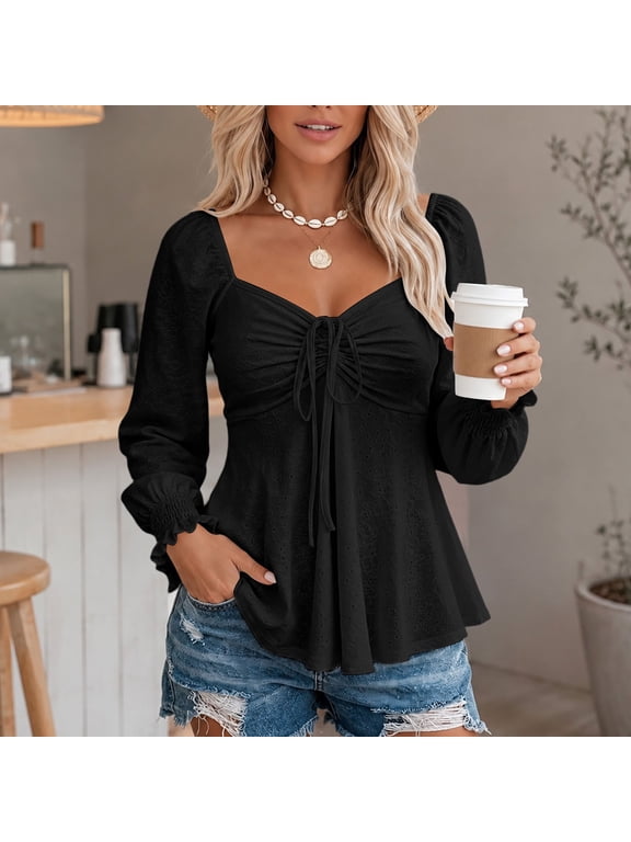 Personality Women's Tops,Square Neckline,Drawstring Tie Front Bust,Long Puff Sleeve with Smocked Ruffled Cuffs,Eyelet Fabric,Peplum Hem,Fitted Waist,Solid Color