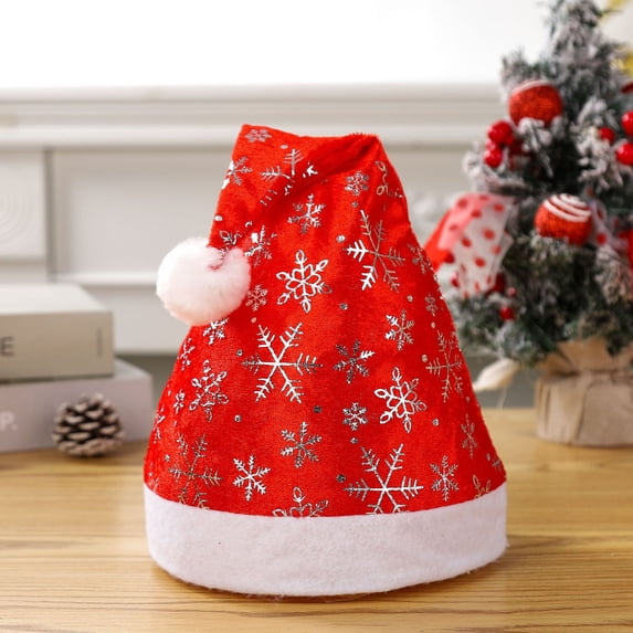 Nsxcdh Santa Hat for Adults,Foil Print Christmas Hat with Moon and Star or Snowflake Pattern,Gold and Silver Designs Plush Fur Brim Holiday Party Hat
