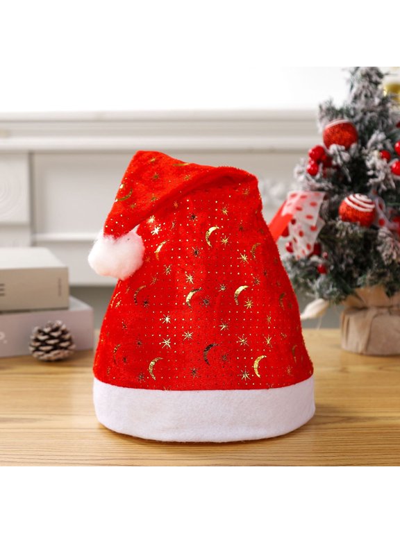 Santa Hat for Adults,Foil Print Christmas Hat with Moon and Star or Snowflake Pattern,Gold and Silver Designs Plush Fur Brim Holiday Party Hat