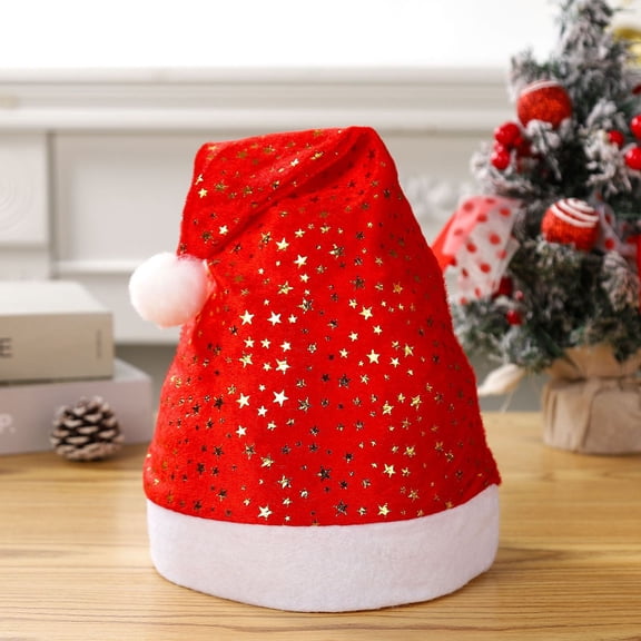 Nsxcdh Santa Hat for Adults,Foil Print Christmas Hat with Moon and Star or Snowflake Pattern,Gold and Silver Designs Plush Fur Brim Holiday Party Hat
