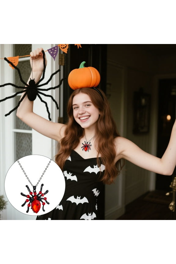 Spider Pendant Halloween Necklace Large Black and Red Crystal Long Chain Statement Jewelry for Women Costume or Holiday Accessory Gift