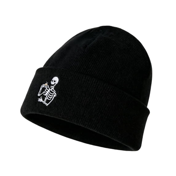 Nsxcdh Skull Beanie for Men and Women,Halloween Skeleton Embroidery Cuffed Knit Hat,Ribbed Knit Warm Winter Beanie with Skeleton Holding Cup