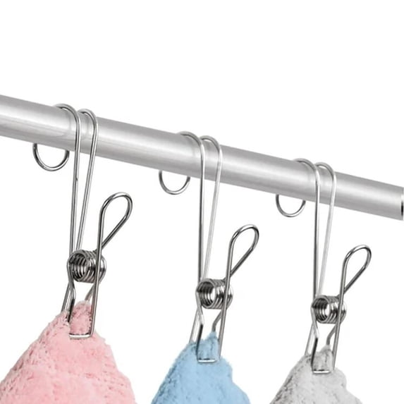 Nsxcdh Stainless Steel Long Tail Clips with Hooks 6 Pack Windproof Strong Clamp,No Marks Gentle on Fabrics,Kitchen Laundry Closet Organization,Durable Rustproof Home Essentials
