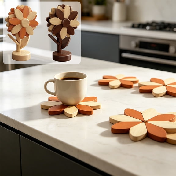 Nsxcdh Sunflower Shaped Wooden Coaster Set 4 Piece Anti Slip Heat Resistant Drink Mat for Coffee Tea Cup Table Decor