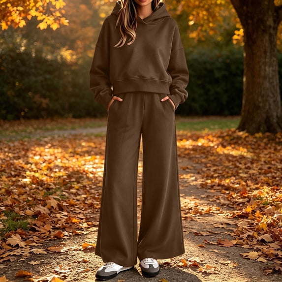 Nsxcdh Two Piece Sets for Women Cropped Hooded Sweatshirt Wide Leg Sweatpants Long Sleeve Kangaroo Pocket Drawstring Elastic Waist Solid Color Dressy Casual Fleece Lined Warm Cozy Loungewear XXL