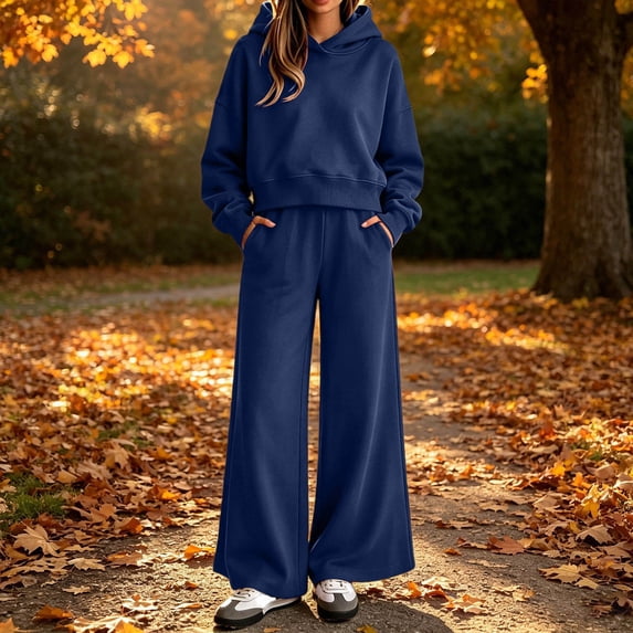 Nsxcdh Two Piece Sets for Women Cropped Hooded Sweatshirt Wide Leg Sweatpants Long Sleeve Kangaroo Pocket Drawstring Elastic Waist Solid Color Dressy Casual Fleece Lined Warm Cozy Loungewear S Navy