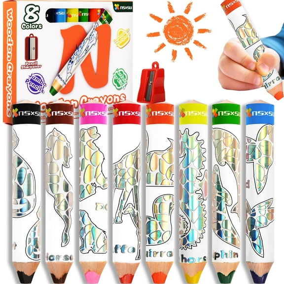 Nsxsu Wooden 3 in 1 Jumbo Colored Pencils for Toddlers, Stocking Stuffers for Kids, Chunky Washable Crayons, Triangular Color Pencil with Sharpener