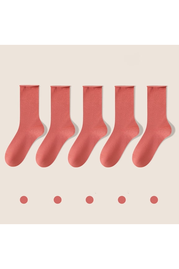 Red Women's Socks 5 Pairs Cotton Breathable Socks Soft Women Solid Mid Calf Stockings Free Size