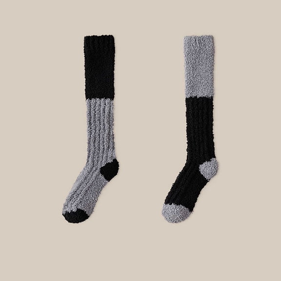 NTACZA Socks Womens Size 9-11 Fuzzy Gray Thick Knee High Slipper Socks Color Block Grippy Women Stockings Free Size
