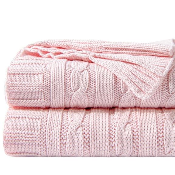 Ntbay 100% Cotton Cable Knit Throw, Super Soft Warm Knitted Blanket Home Decor, 51"x67", Baby Pink