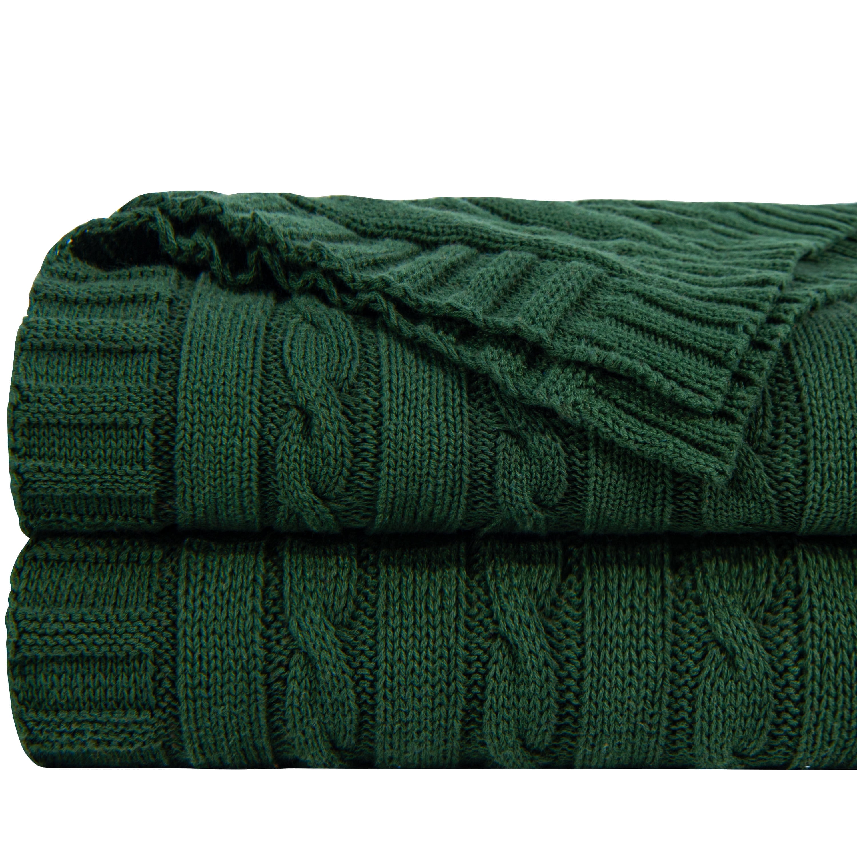 Dark Green Cotton Cable Knit Throw Blanket, 51" x 67"