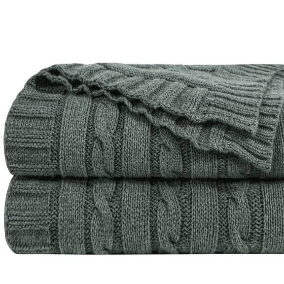 Ntbay 100% Cotton Cable Knit Throw, Super Soft Warm Knitted Blanket Home Decor, 51"x67", Gray and White