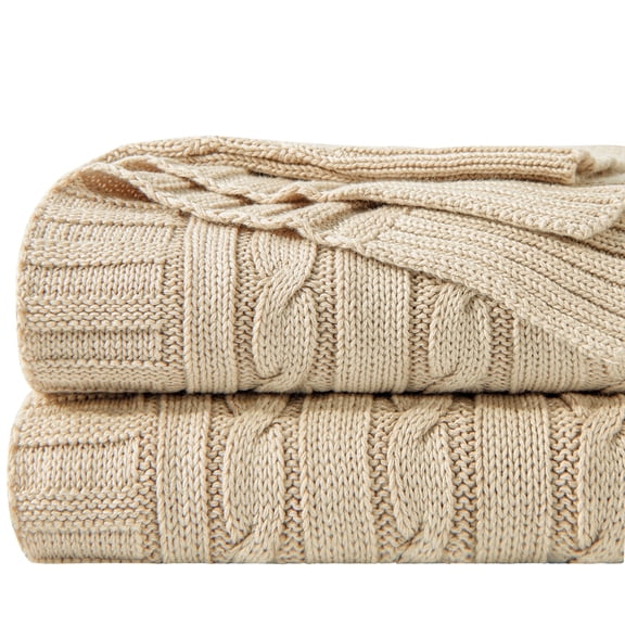 Ntbay 100% Cotton Cable Knit Throw, Super Soft Warm Knitted Blanket Home Decor, 51"x67", Khaki