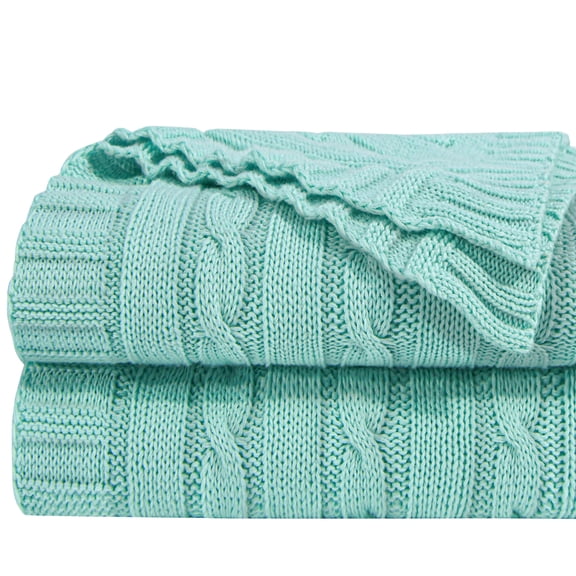 Ntbay 100% Cotton Cable Knit Throw, Super Soft Warm Knitted Blanket Home Decor, 51"x67", Mint