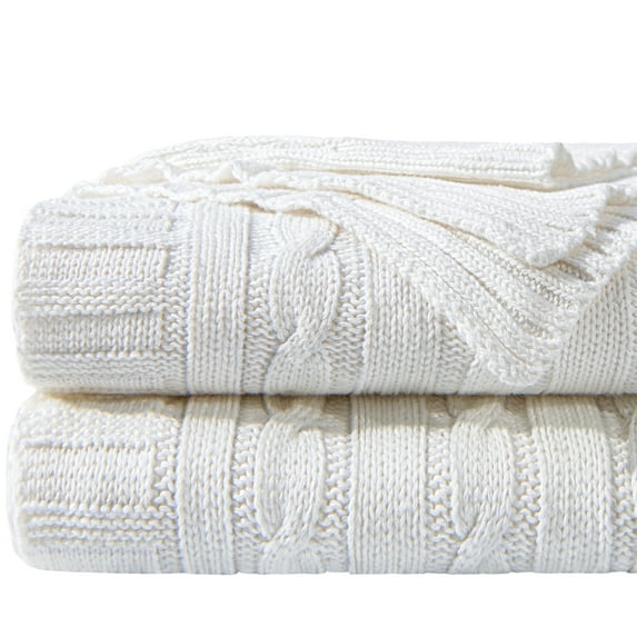 Ntbay 100% Cotton Cable Knit Throw, Super Soft Warm Knitted Blanket Home Decor, 51"x67", White