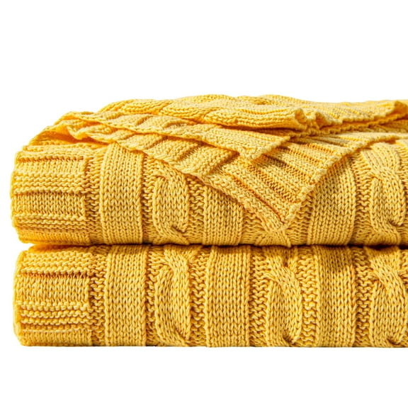 Ntbay 100% Cotton Cable Knit Throw, Super Soft Warm Knitted Blanket Home Decor, 51"x67", Yellow