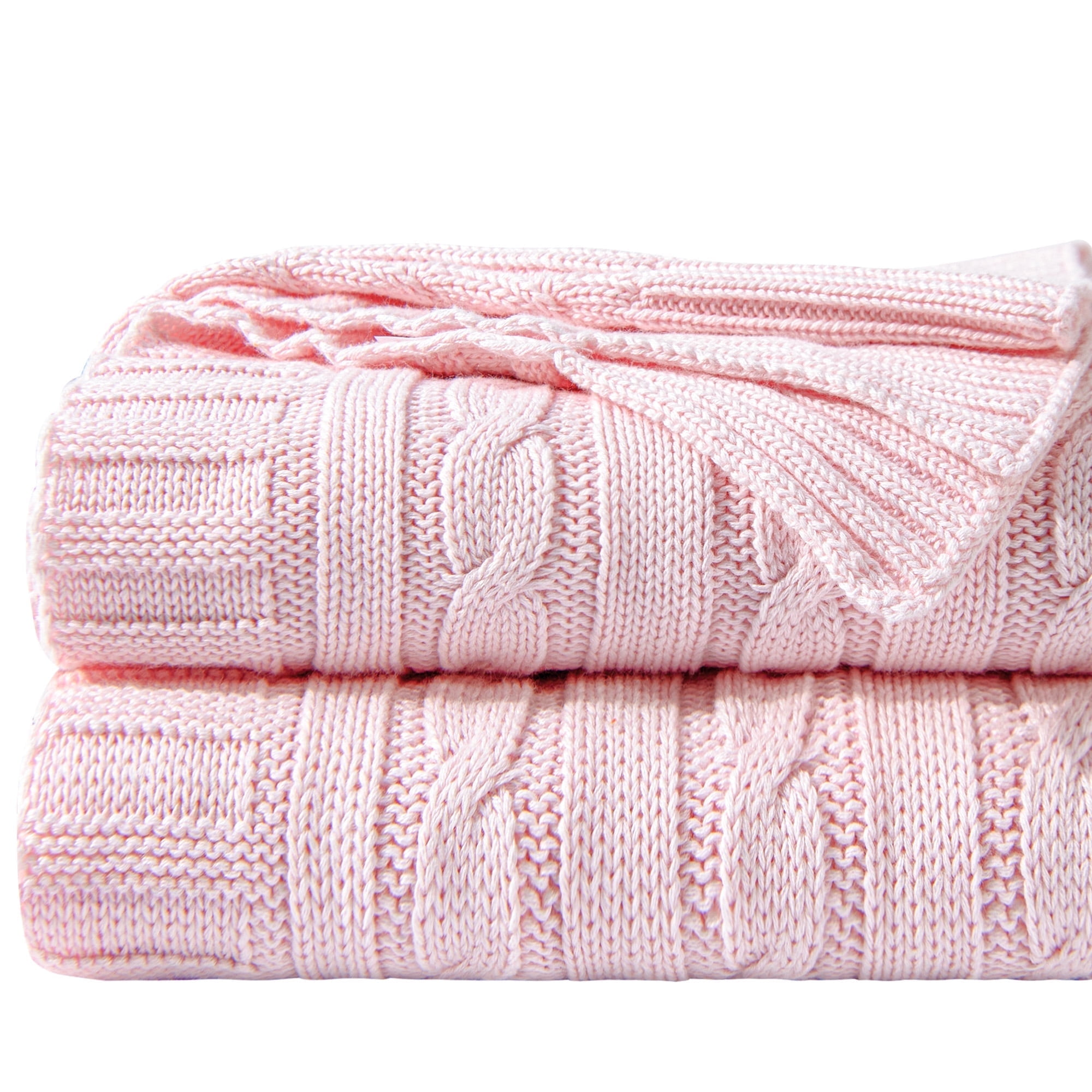 Ntbay 100% Cotton Cable Knit Throw, Super Soft Warm Knitted Blanket Home Decor, 60"x80", Baby Pink