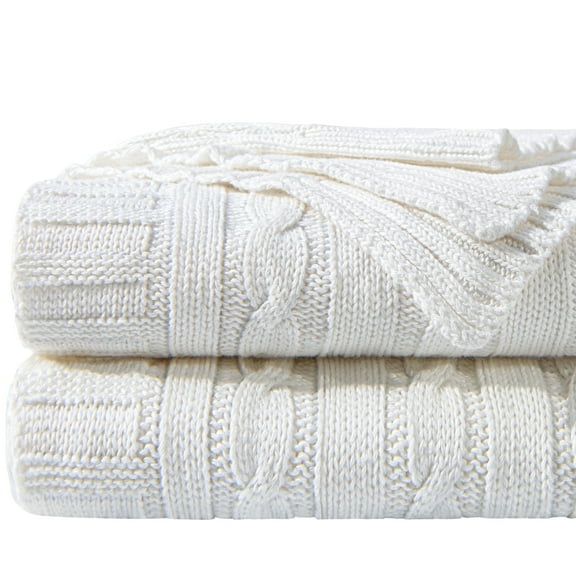 Ntbay 100% Cotton Cable Knit Throw, Super Soft Warm Knitted Blanket Home Decor, 60"x80", White