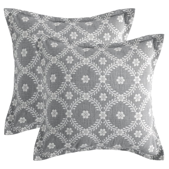 Ntbay 2 Pack Breathable Cotton Euro Pillow Shams,3 Layer Muslin Decorative Square Pillow Covers with Envelope Closure, 26" x 26", Gray Garlands