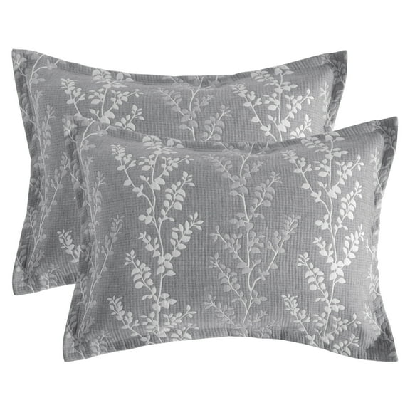Ntbay 2 Pack Breathable Cotton Pillow Shams,3 Layer Muslin Decorative Pillow Covers with Envelope Closure, Queen Size, Gray Tree