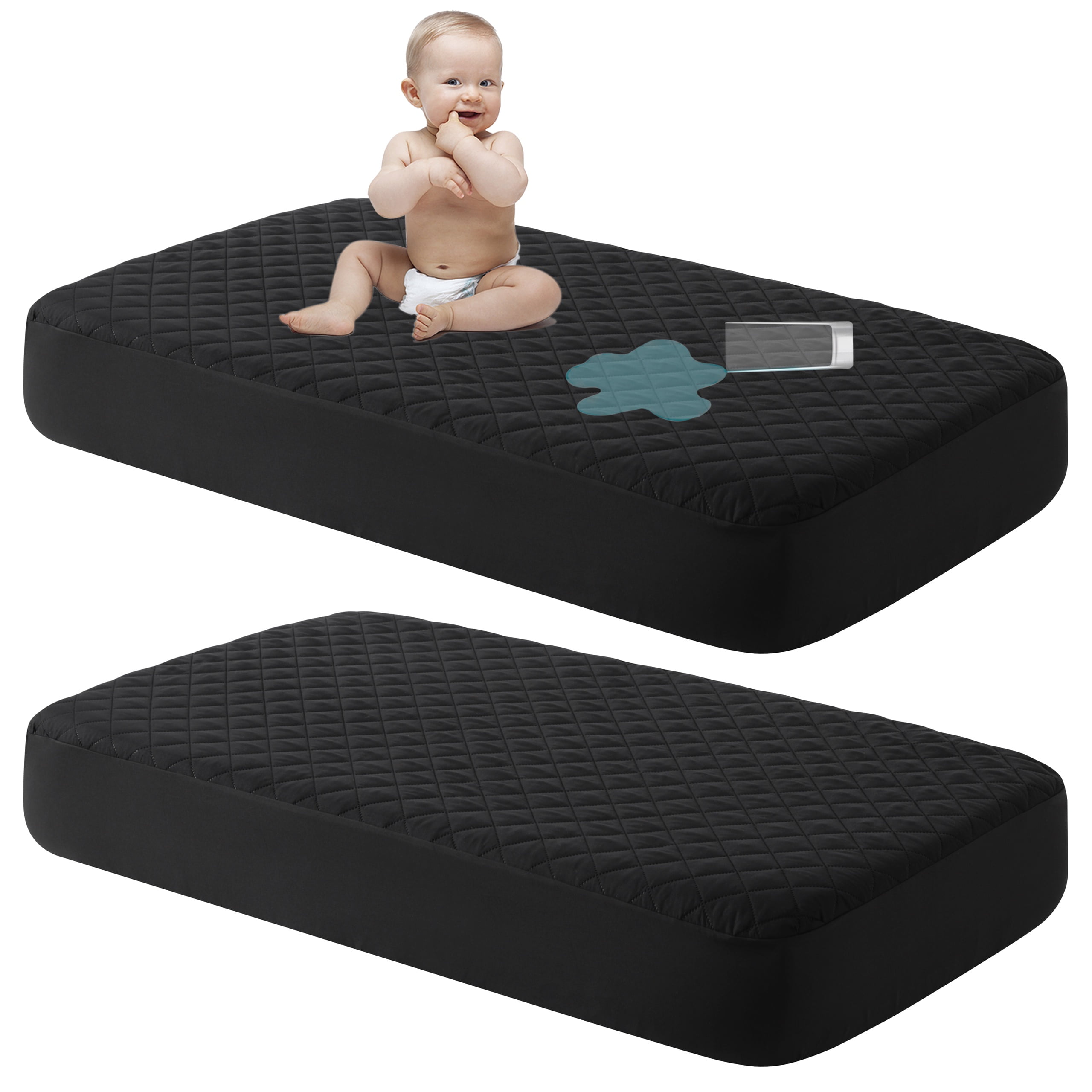 Ntbay 2 Pack Quilted Toddler Waterproof Fitted Sheets, Ultra Soft Breathable Crib Mattress Protectors with Deep Pocket, 24" x 38", Black