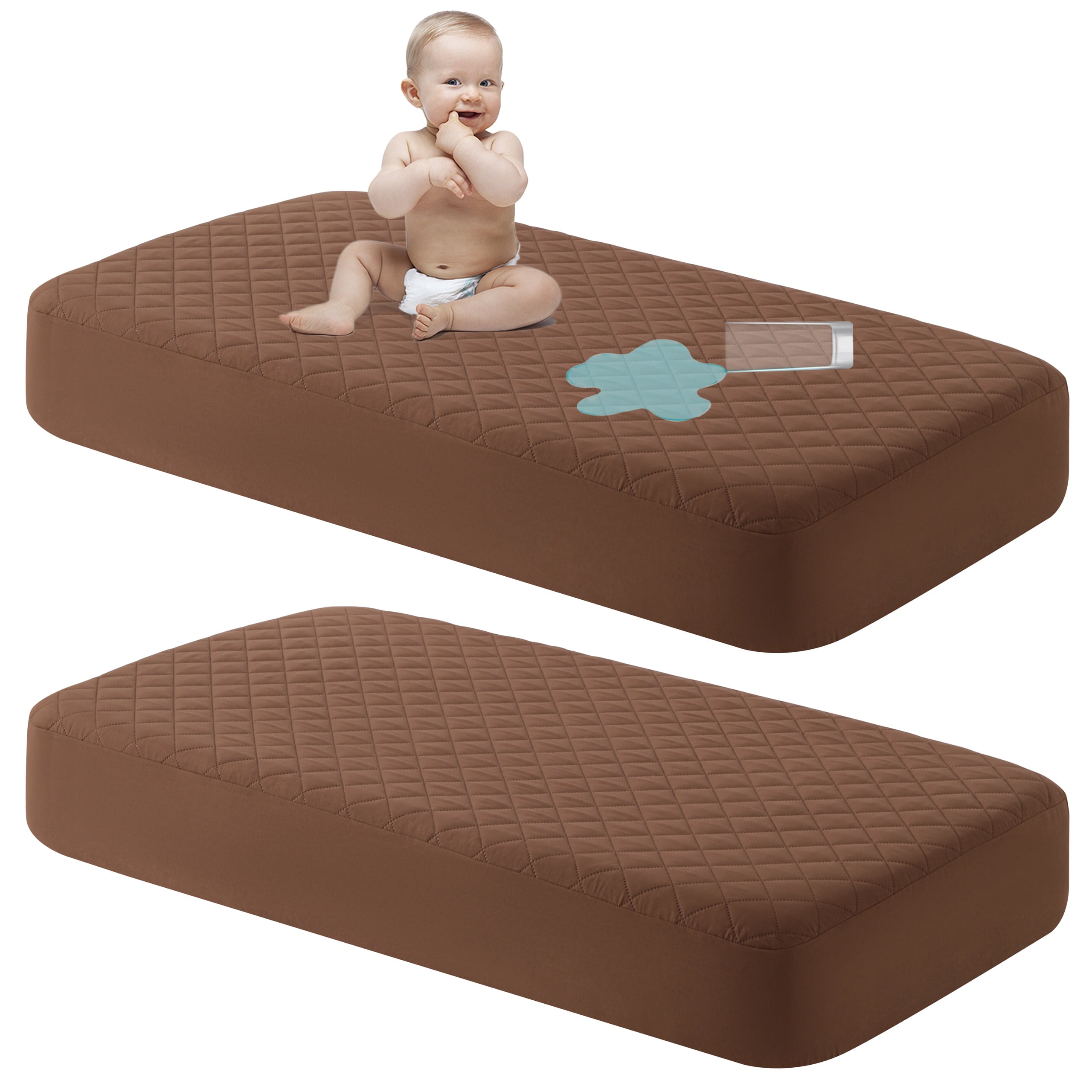 Ntbay 2 Pack Quilted Toddler Waterproof Fitted Sheets, Ultra Soft Breathable Crib Mattress Protectors with Deep Pocket, 24" x 38", Coffee