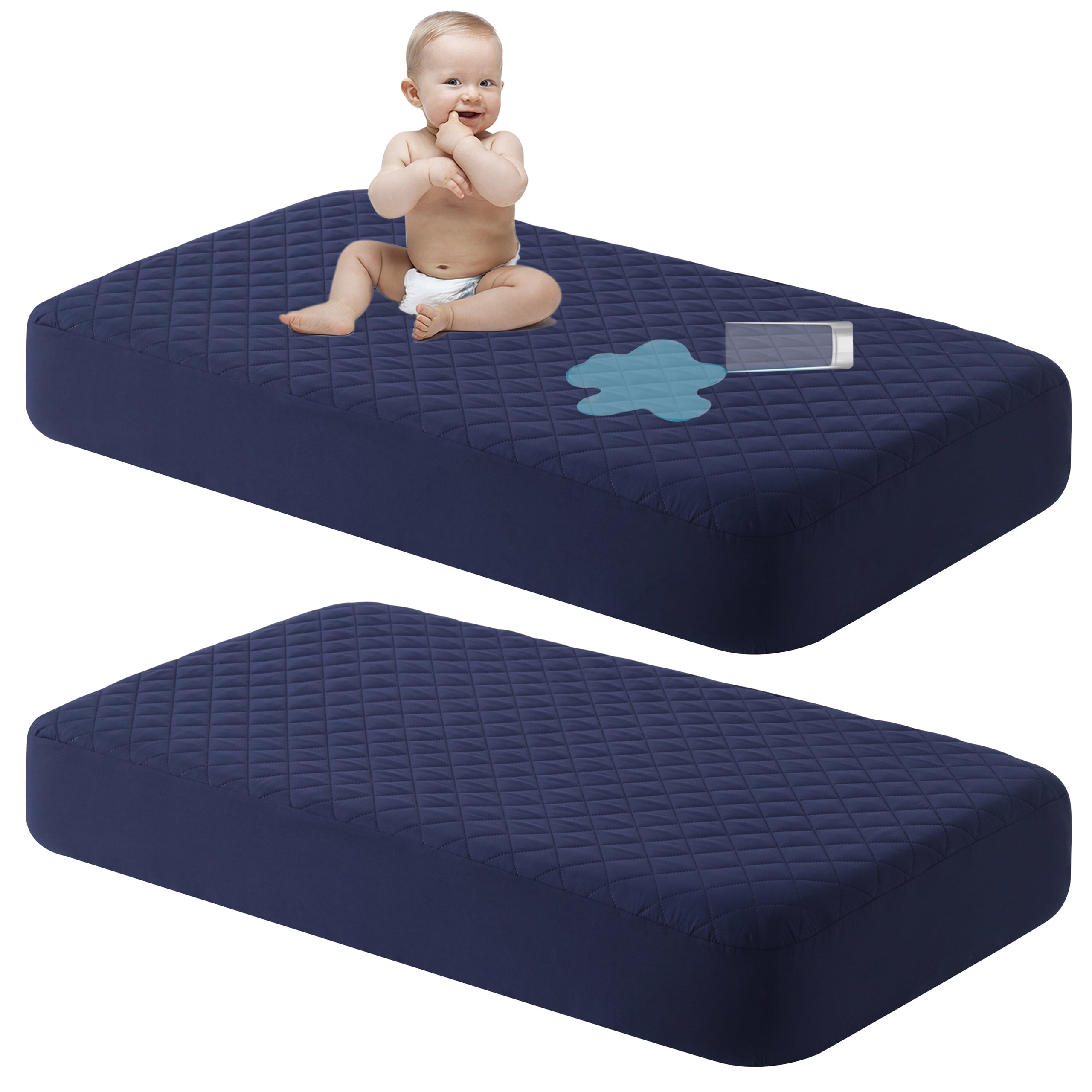 Ntbay 2 Pack Quilted Toddler Waterproof Fitted Sheets, Ultra Soft Breathable Crib Mattress Protectors with Deep Pocket, 24" x 38", Navy Blue