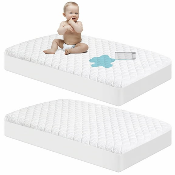 Ntbay 2 Pack Quilted Toddler Waterproof Fitted Sheets, Ultra Soft Breathable Crib Mattress Protectors with Deep Pocket, 24" x 38", White