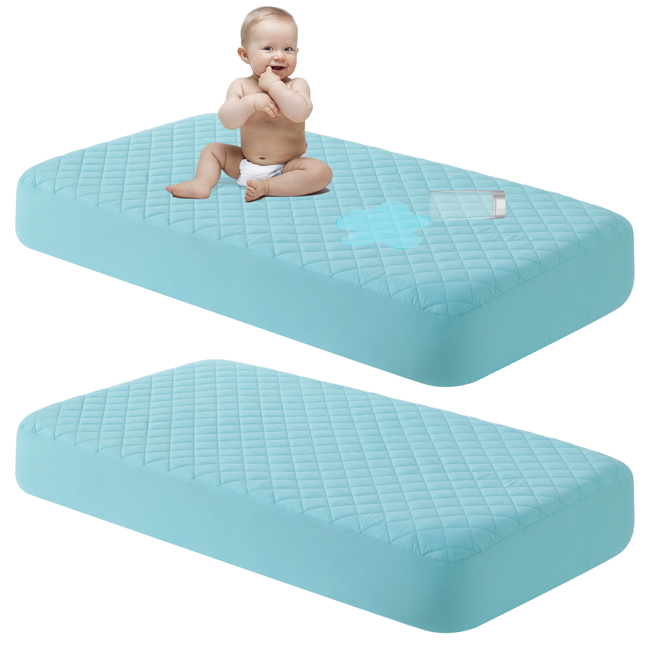 Ntbay 2 Pack Quilted Toddler Waterproof Fitted Sheets, Ultra Soft Breathable Crib Mattress Protectors with Deep Pocket, 28" x 52", Aqua Blue