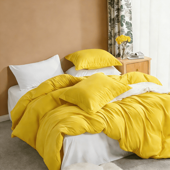Twin 2-Piece Duvet Cover Set with 1 Pillow Shams, Brushed Microfiber, Easy Snap Zipper & Corner Ties, Yellow, Ntbay | Comforter Not Included