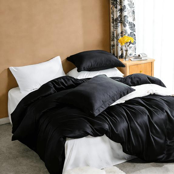 Twin 2-Piece Duvet Cover Set with 1 Pillow Shams, Brushed Microfiber, Easy Snap Zipper & Corner Ties, Black, Ntbay | Comforter Not Included
