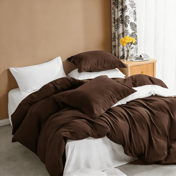 Twin 2-Piece Duvet Cover Set with 1 Pillow Shams, Brushed Microfiber, Easy Snap Zipper & Corner Ties, Dark Brown, Ntbay | Comforter Not Included