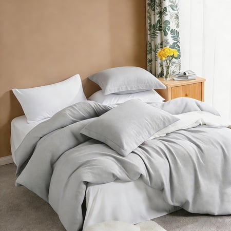 Twin 2-Piece Duvet Cover Set with 1 Pillow Shams, Brushed Microfiber, Easy Snap Zipper & Corner Ties, Light Gray, Ntbay | Comforter Not Included