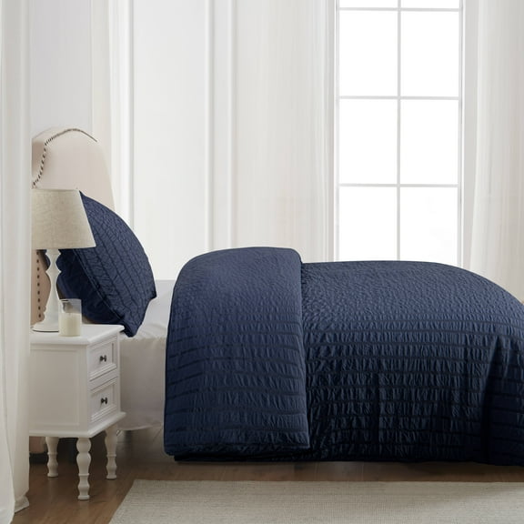 Ntbay 2-Piece Ultra Soft Textured Seersucker Twin Duvet Cover Set, Include Hidden Zipper Closure Comforter Cover with Corner Ties and 1 Pillowcase (Not Include Comforter and pillow), Navy Blue