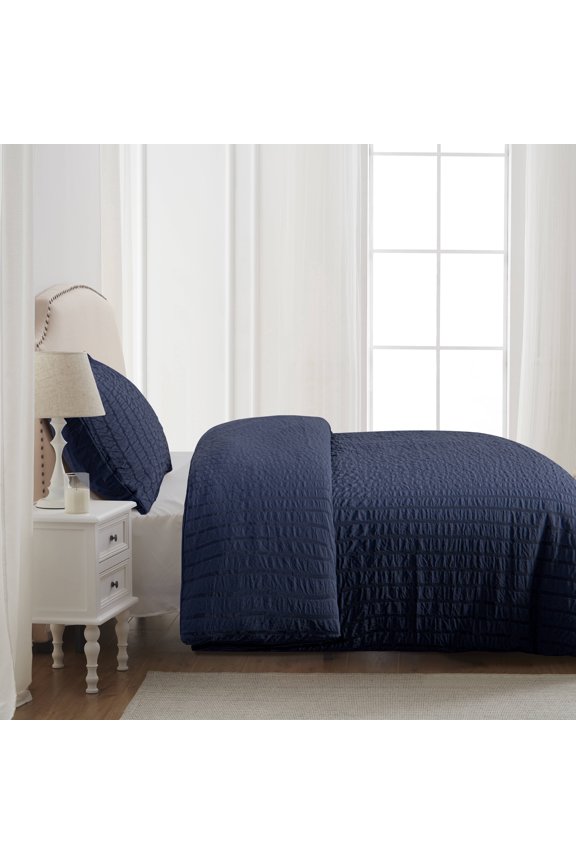 Ntbay 2-Piece Ultra Soft Textured Seersucker Twin Duvet Cover Set, Include Hidden Zipper Closure Comforter Cover with Corner Ties and 1 Pillowcase (Not Include Comforter and pillow), Navy Blue