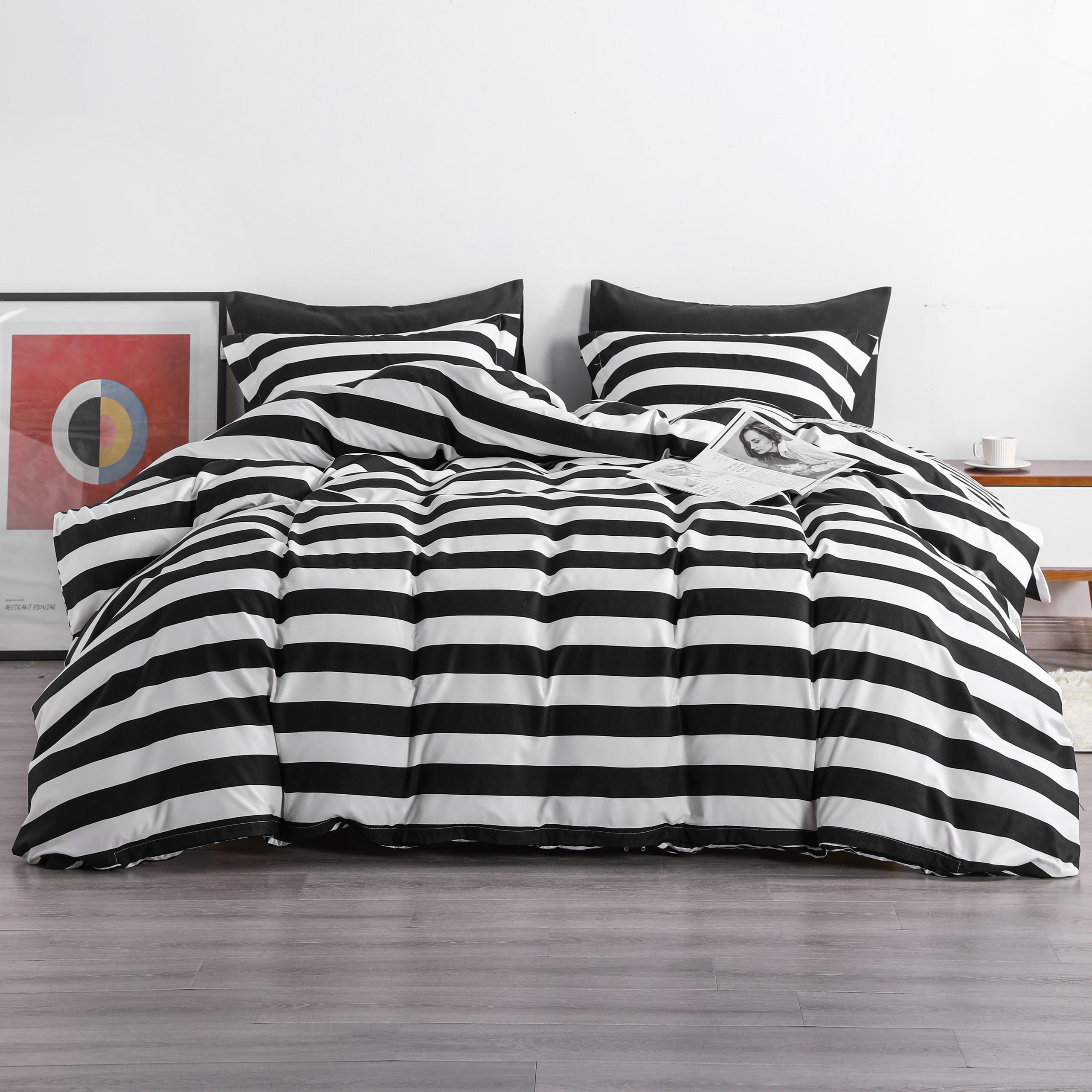 Twin Black and White Striped Microfiber Duvet Cover Set