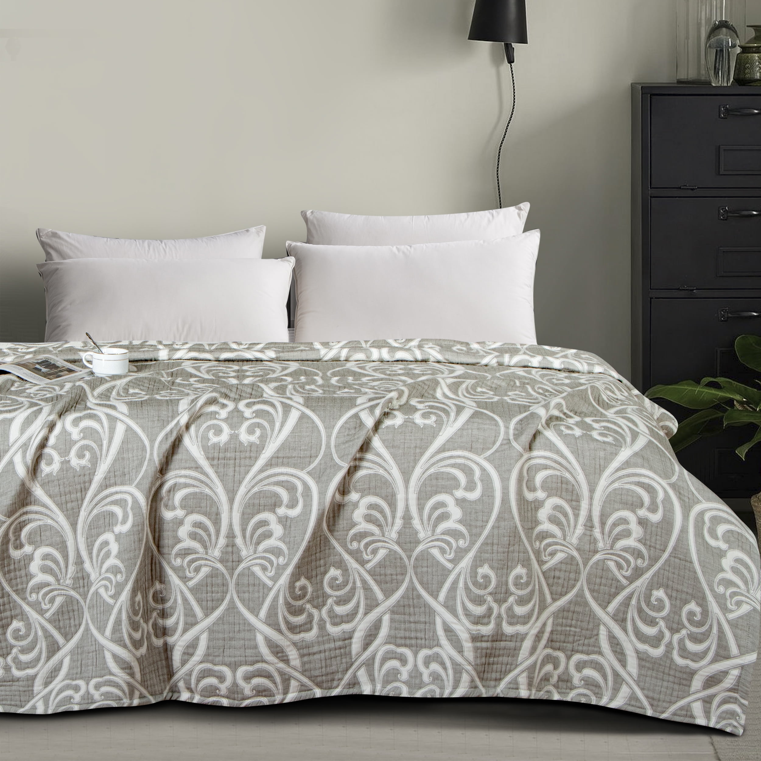 Grey Paisley Cotton Muslin King Bed Blanket