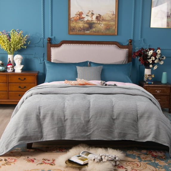 Ntbay 3 Layers Cotton Muslin Queen Bed Blanket, Super Soft Breathable Thermal Yarn Dyed Quilt for Adults, Perfect Lightweight Blanket for Couch Sofa Bed All Seasons, 88"x92", Striped