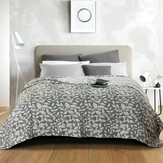 Ntbay 3 Layers Cotton Muslin Queen Bed Blanket, Super Soft Breathable Thermal Yarn Dyed Quilt for Adults, Perfect Lightweight Blanket for Couch Sofa Bed All Seasons, 88"x92", Grey Leaf