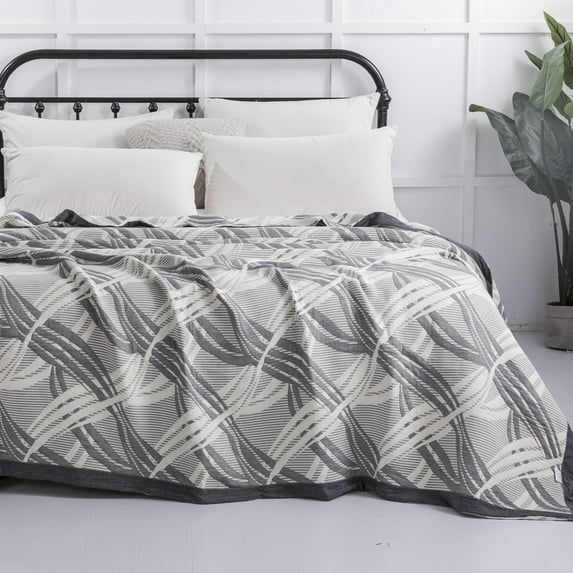 Ntbay 3 Layers Cotton Muslin Queen Bed Blanket, Super Soft Breathable Thermal Yarn Dyed Quilt for Adults, Perfect Lightweight Blanket for Couch Sofa Bed All Seasons, 88"x92", Wave