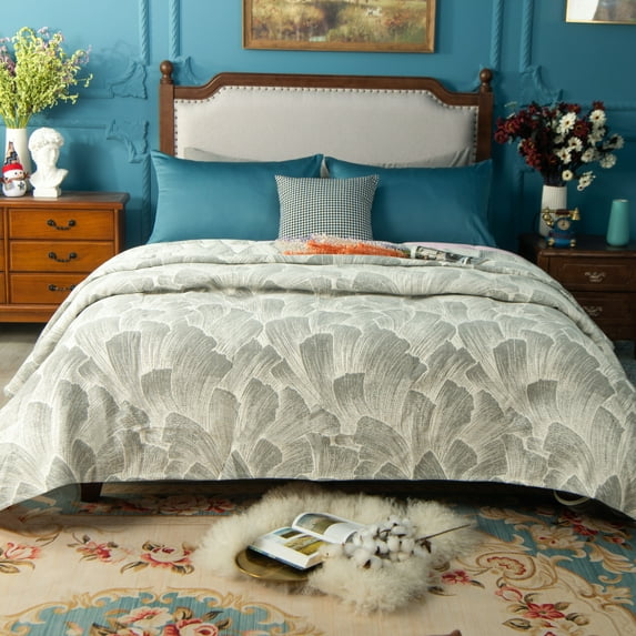 Ntbay 3 Layers Cotton Muslin Twin Bed Blanket, Super Soft Breathable Thermal Yarn Dyed Quilt for Adults, Perfect Lightweight Blanket for Couch Sofa Bed All Seasons, 68"x92", Light Grey Wave