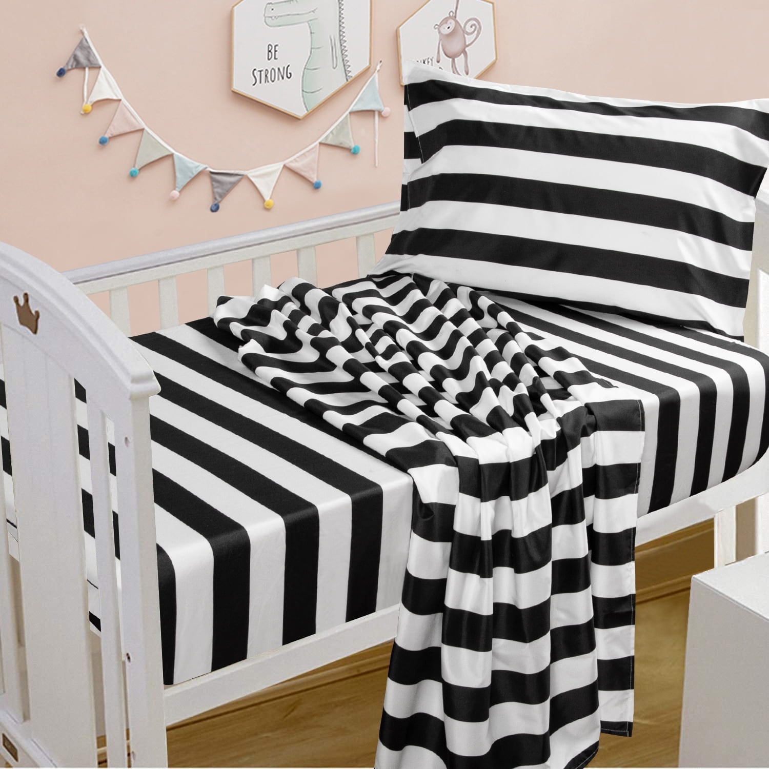Ntbay 3-Piece Microfiber Toddler Sheet Set, Soft and Breathable Toddler Bedding Set, Include Crib Fitted Sheet Flat Sheet and Envelope Pillowcase, Black Stripe