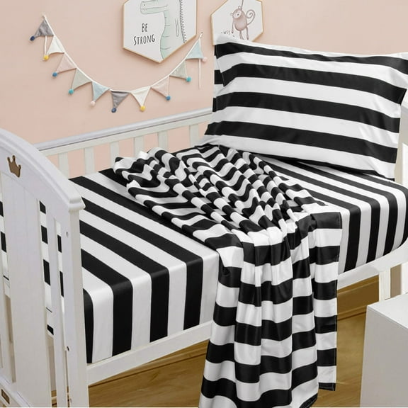Ntbay 3-Piece Microfiber Toddler Sheet Set, Soft and Breathable Toddler Bedding Set, Include Crib Fitted Sheet Flat Sheet and Envelope Pillowcase, Black Stripe