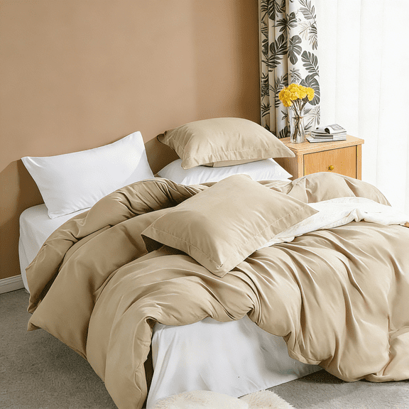 King 3-Piece Duvet Cover Set with 2 Pillow Shams, Brushed Microfiber, Easy Snap Zipper & Corner Ties, Khaki, Ntbay | Comforter Not Included