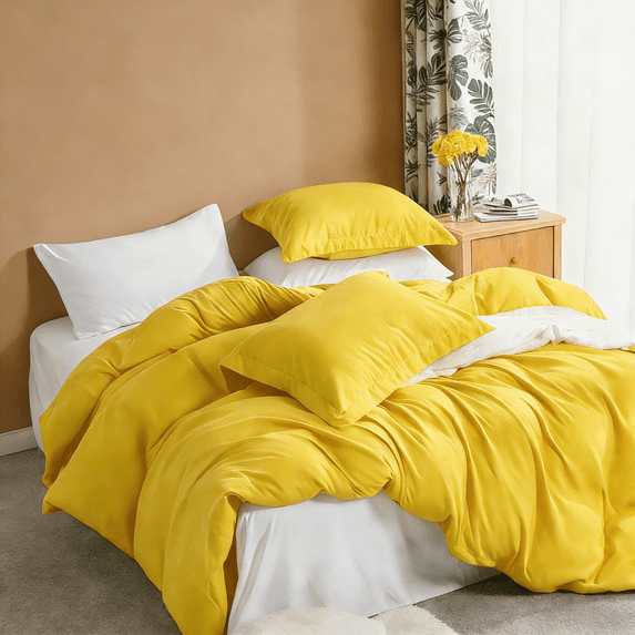 King 3-Piece Duvet Cover Set with 2 Pillow Shams, Brushed Microfiber, Easy Snap Zipper & Corner Ties, Yellow, Ntbay | Comforter Not Included