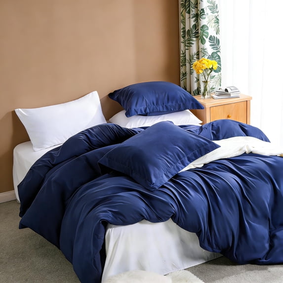 King 3-Piece Duvet Cover Set with 2 Pillow Shams, Brushed Microfiber, Easy Snap Zipper & Corner Ties, Navy Blue, Ntbay | Comforter Not Included