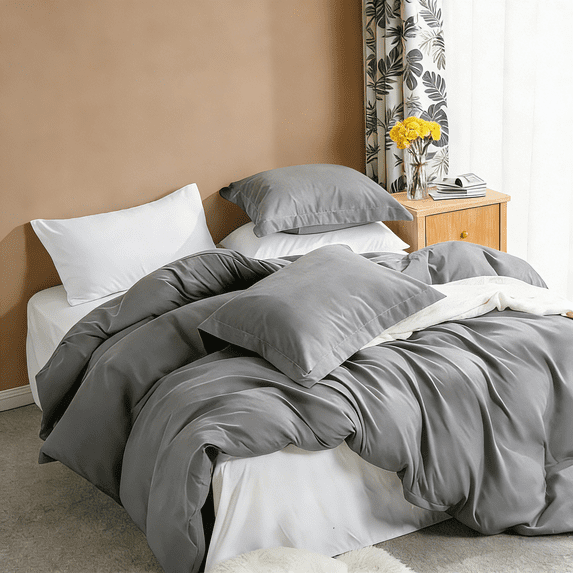 Queen 3-Piece Duvet Cover Set with 2 Pillow Shams, Brushed Microfiber, Easy Snap Zipper & Corner Ties, Dark Gray, Ntbay | Comforter Not Included
