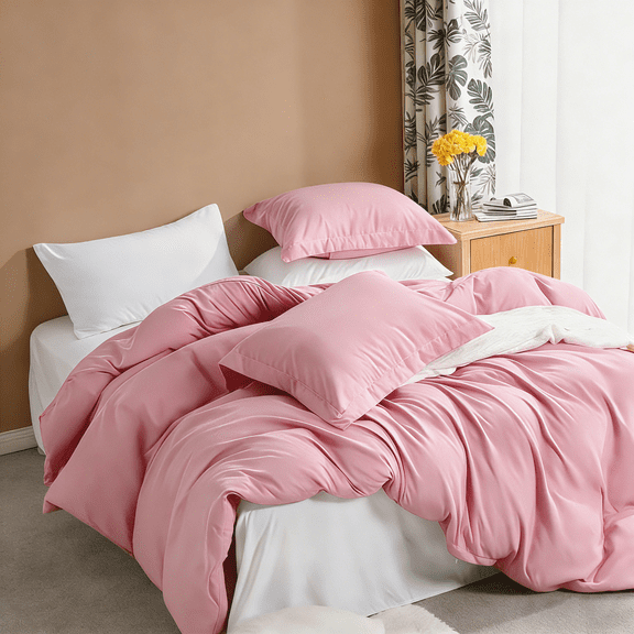 Queen 3-Piece Duvet Cover Set with 2 Pillow Shams, Brushed Microfiber, Easy Snap Zipper & Corner Ties, Pink, Ntbay | Comforter Not Included