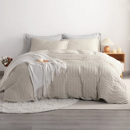 Ntbay 3-Piece Ultra Soft Textured Seersucker Queen Duvet Cover Set, Include Hidden Zipper Closure Comforter Cover with Corner Ties and 2 Pillowcases (Not Include Comforter and pillow), Khaki